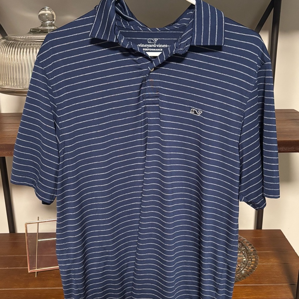 Vineyard Vines Navy and White Striped Performance Polo